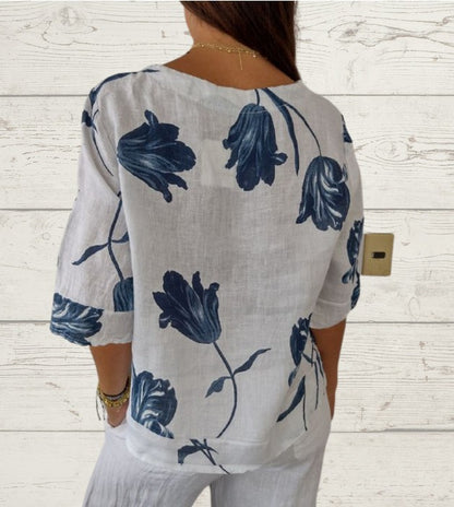 Pattern Print Cotton And Linen V-neck Short Sleeve Pullover Shirt apparel & accessories