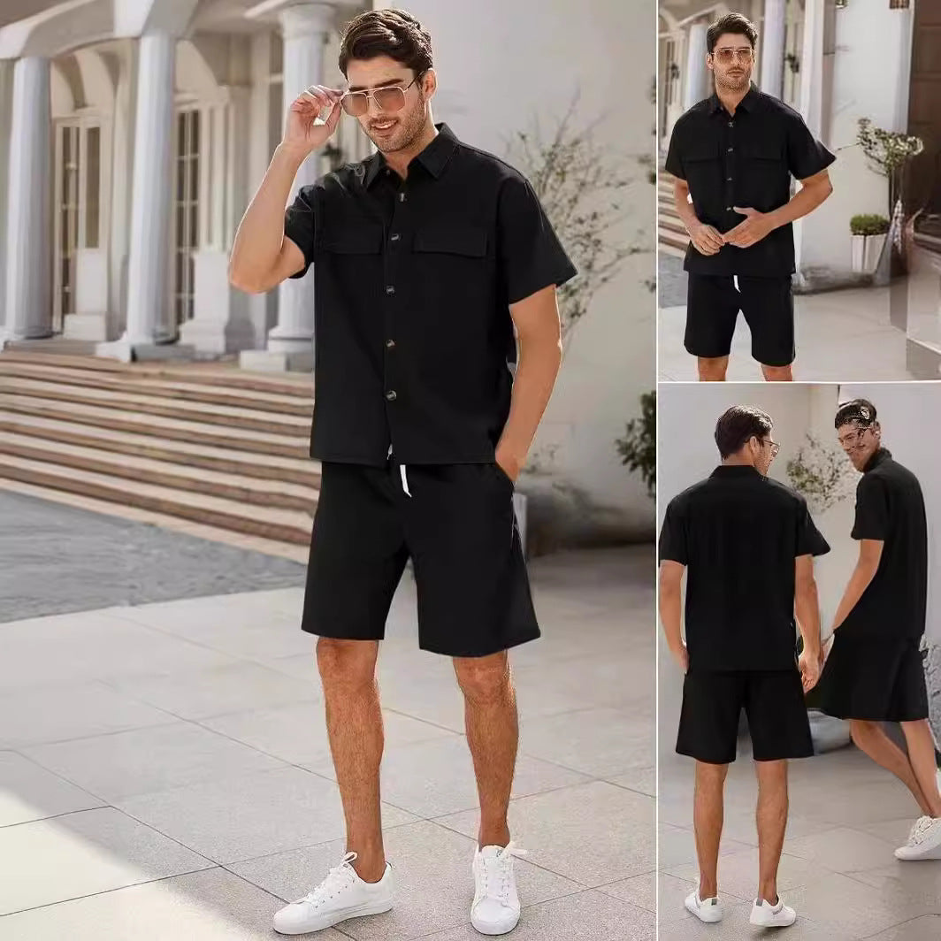 Summer Suits Men Short Sleeve Lapel Pockets Shirt And Drawstring Shorts Sports Fashion Leisure Men's Clothing apparel & accessories