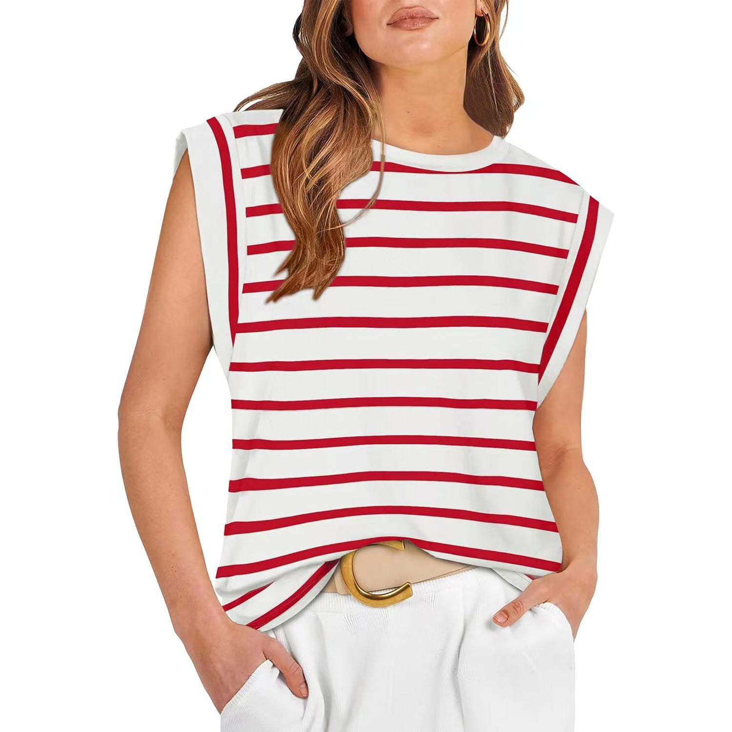 Round Neck Loose Short Sleeves T-shirt Striped Top Women's Vest apparel & accessories