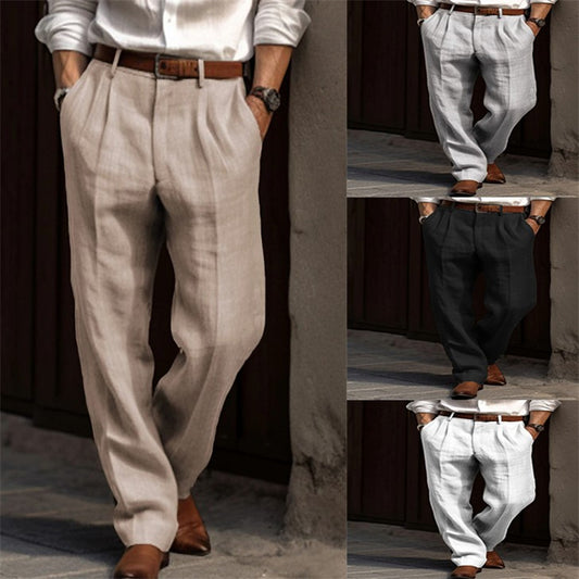 Men's Linen Trousers Double Pleated Front Pocket Straight Pure Color Comfort Breathable Casual apparel & accessories