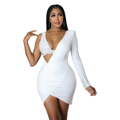 Women's Fashion Tight Rhinestone One-shoulder Dress apparels & accessories