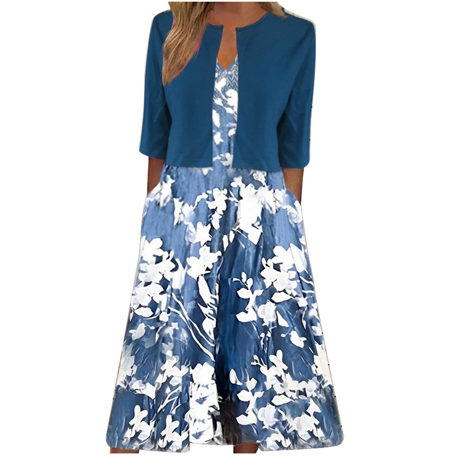 Ethnic Style Elegant Floral Print Vest Dress Cardigan Two-piece Set apparel & accessories