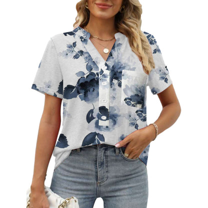 Women's V-neck Floral Print Short-sleeved Shirt apparel & accessories