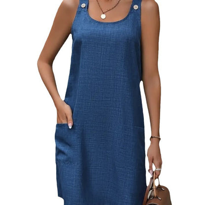 Leisure Fashion Round Neck Sleeveless Denim Sling Mid-length Dress apparel & accessories