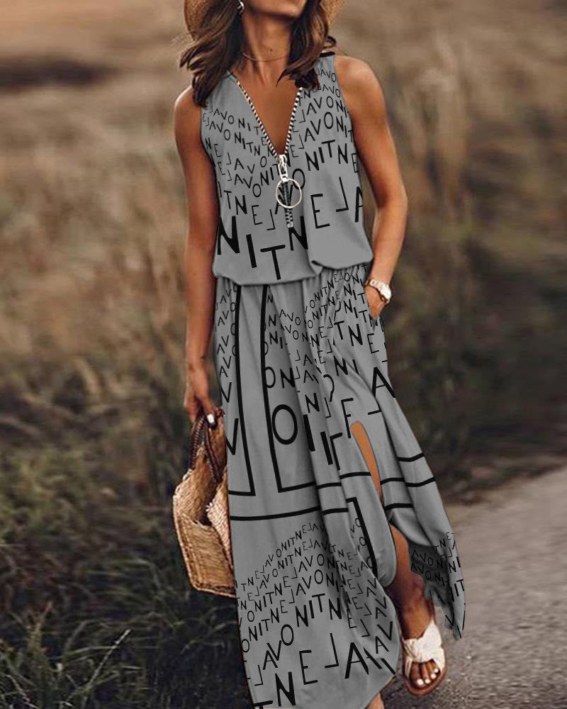 Spring And Summer New Sleeveless Long Casual Women's Waist Zipper Letter Print Dress apparel & accessories