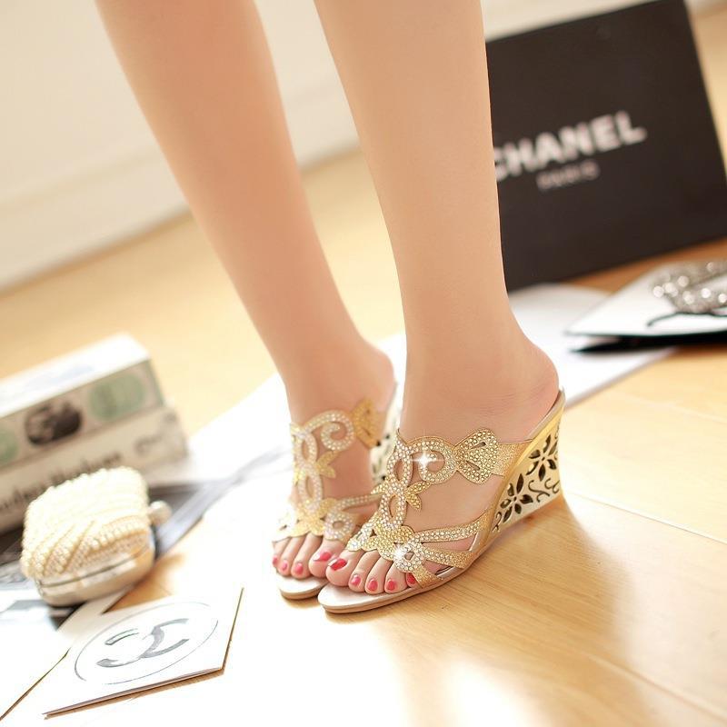 Wedge Sandals Peep Toe Slip-on Rhinestone Shoes & Bags