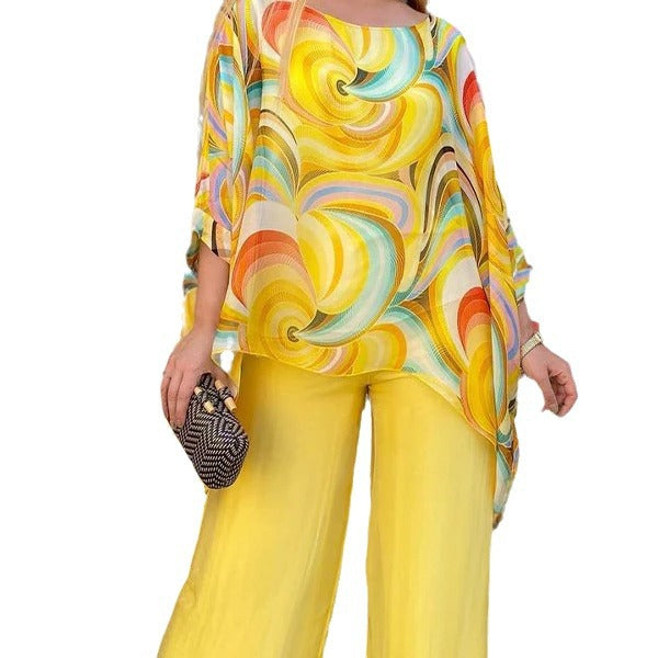 Summer New Colorful Chiffon Suit Casual Round Neck Printed Two-piece Suit apparel & accessories