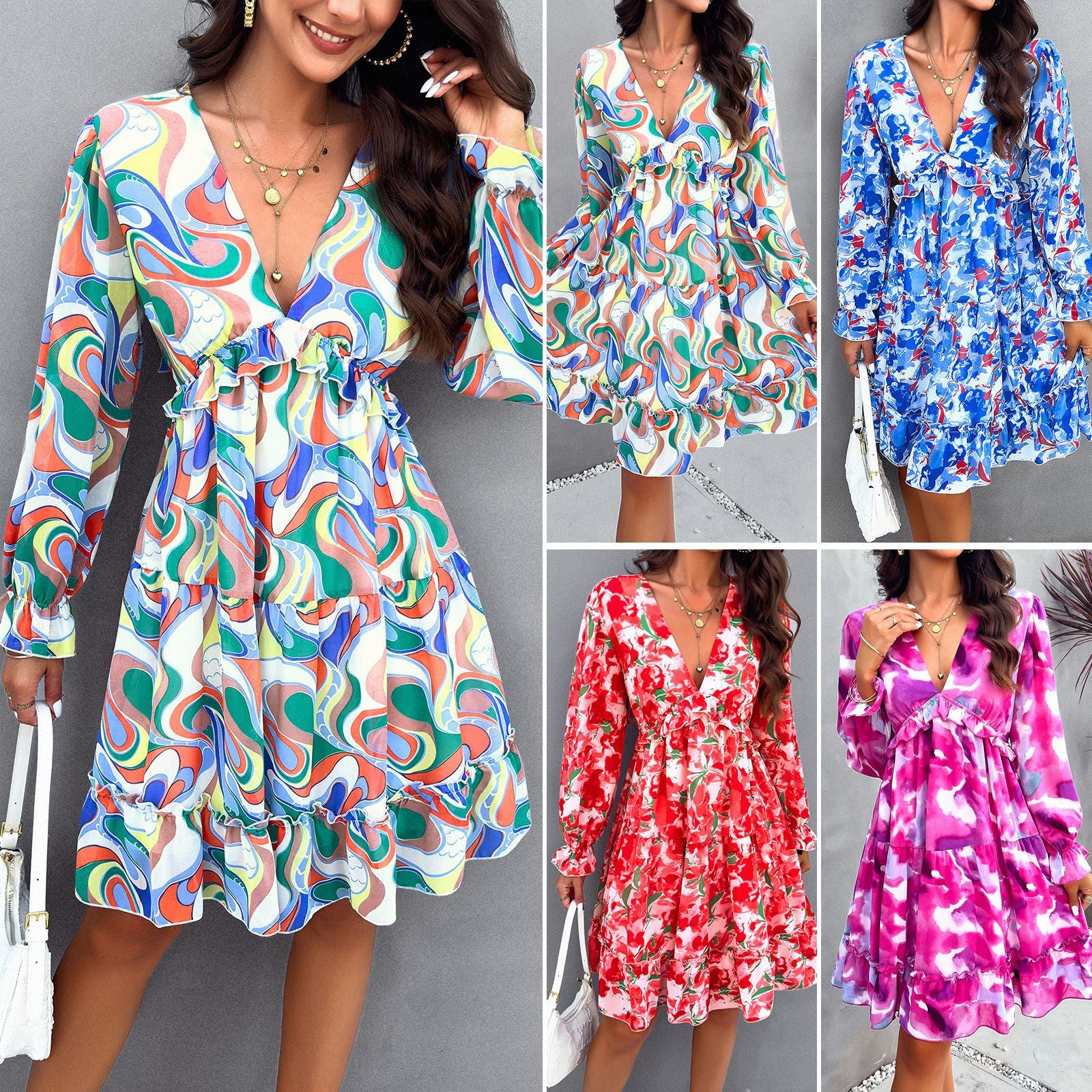 Women's Clothing Printed V-neck Long-sleeve Dress apparels & accessories