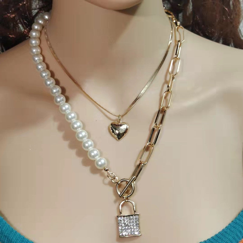 Diamond Lock-shaped Pearl Necklace Women's Simple Temperament Jewelry