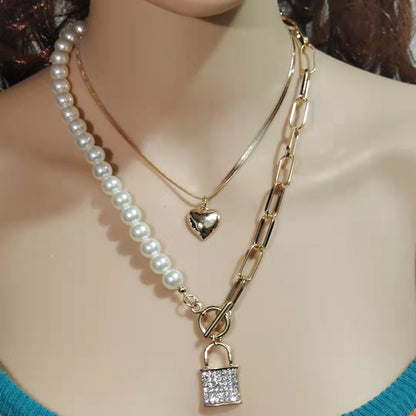 Diamond Lock-shaped Pearl Necklace Women's Simple Temperament Jewelry