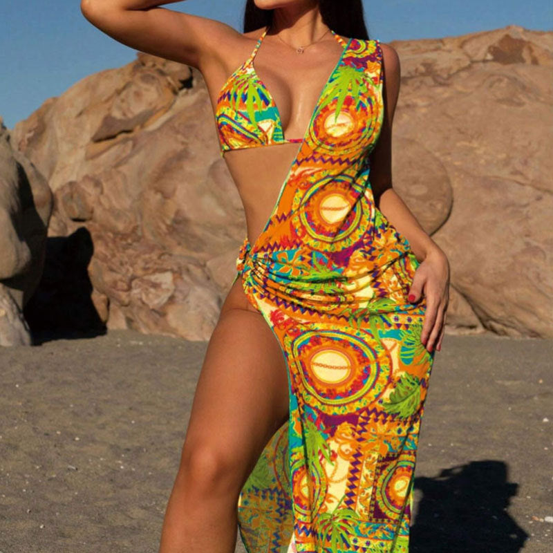 Printed One-shoulder Beach Dress Swimsuit Three-piece Set apparel & accessories