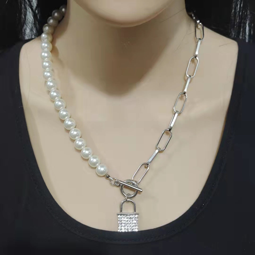 Diamond Lock-shaped Pearl Necklace Women's Simple Temperament Jewelry