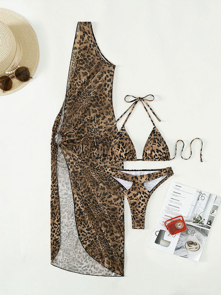 Women's Halter Lace-up Leopard Print Dress Three-piece Set apparel & accessories