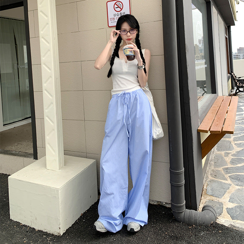 Blue Striped Casual Pants Women's Loose High Waist apparel & accessories