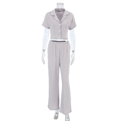 Women's Fashionable Simple Solid Color Short-sleeved Trousers Pajamas Two-piece Set apparel & accessories