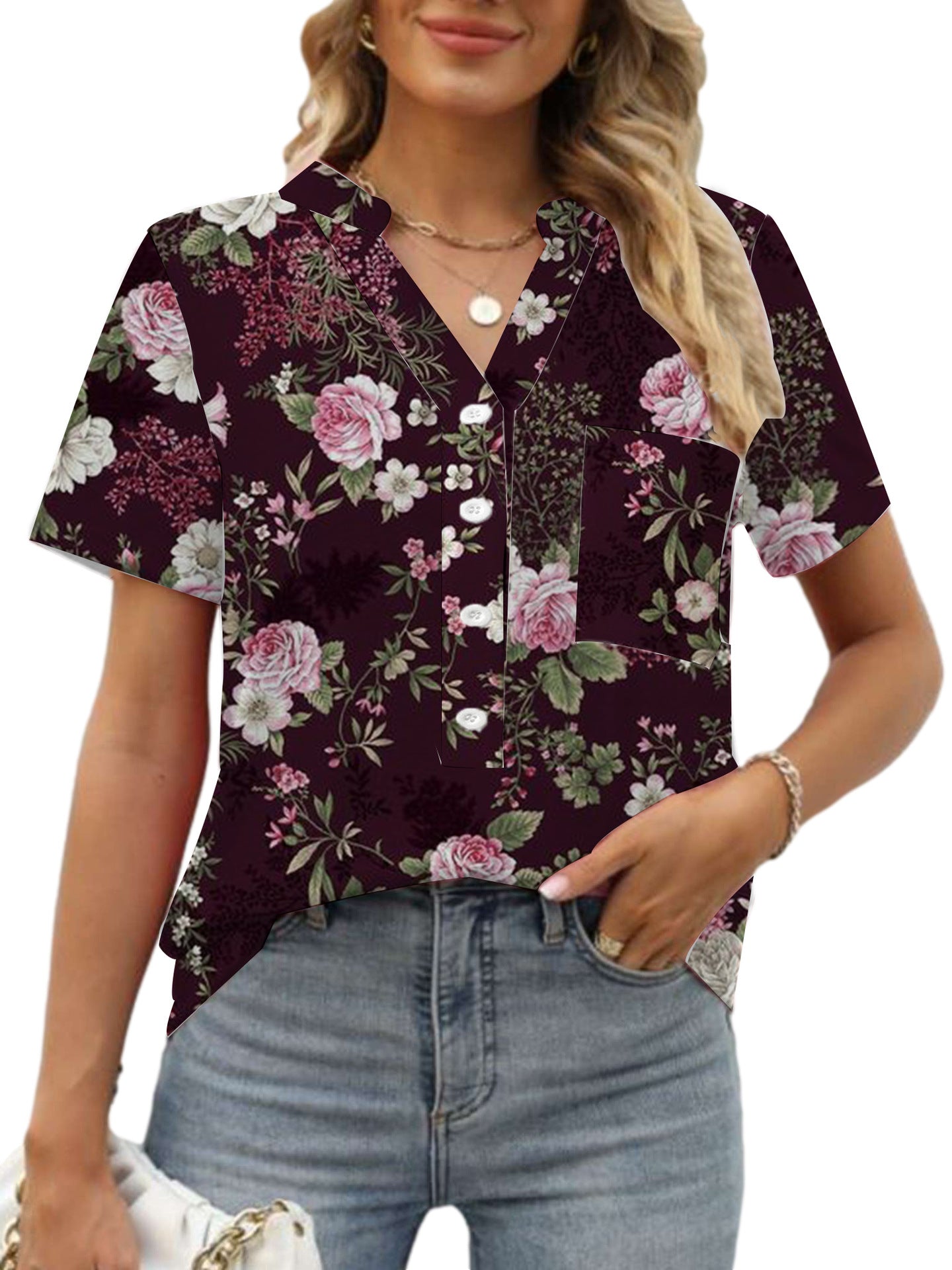 Women's V-neck Floral Print Short-sleeved Shirt apparel & accessories