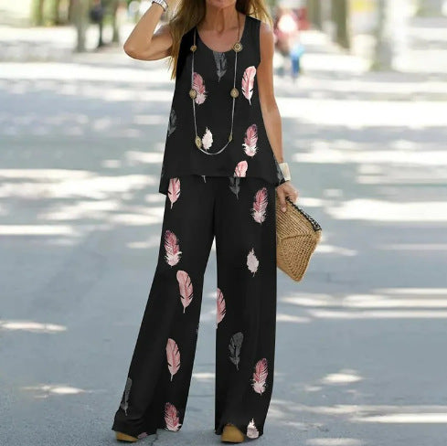 Women's Fashion Printed Casual Vest Trousers Two-piece Suit apparel & accessories