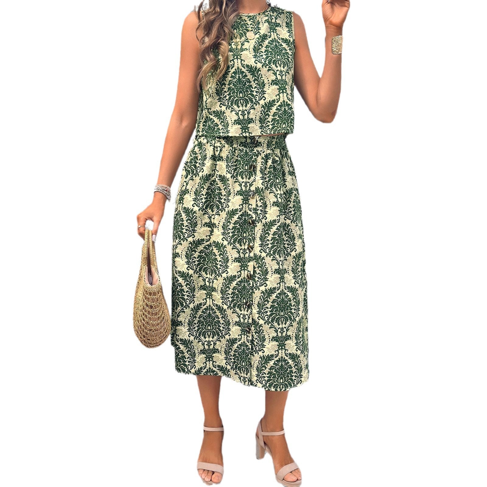 Women's Fashion Temperament Leisure Printed Vest Mid-length Dress Set apparel & accessories