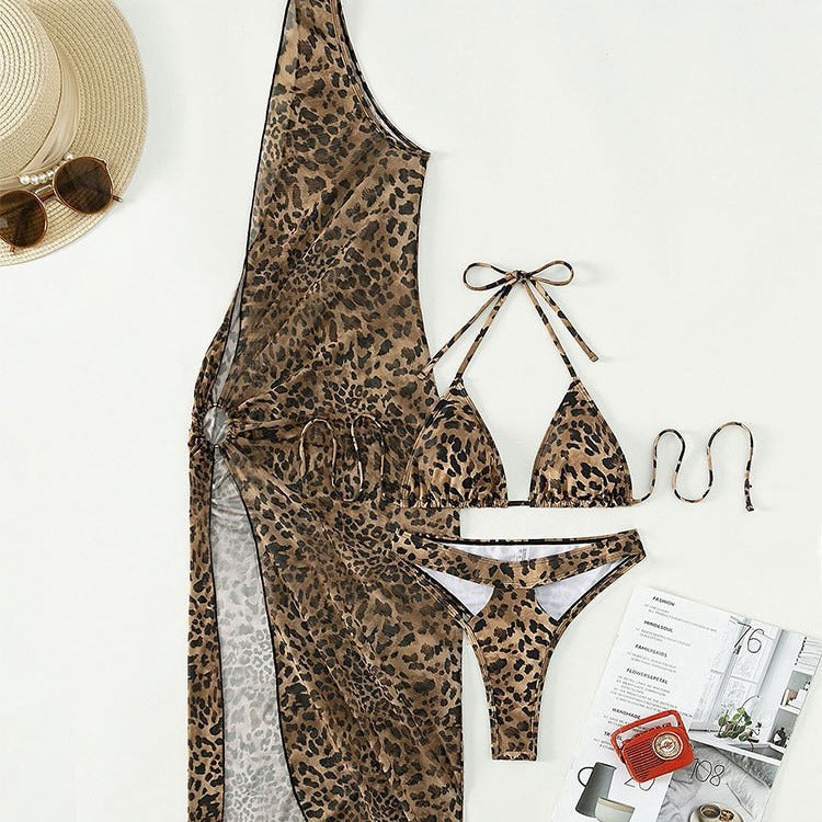 Women's Halter Lace-up Leopard Print Dress Three-piece Set apparel & accessories