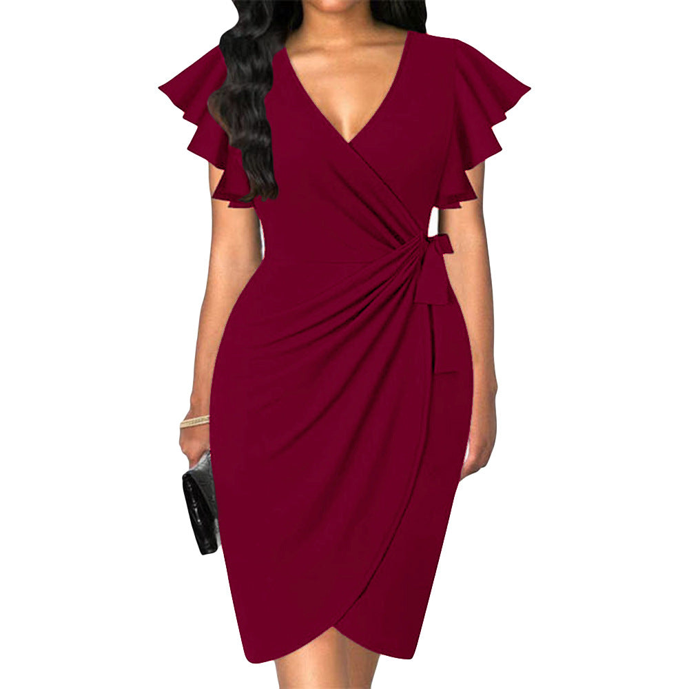 V-neck Tight Waist Pleating Bell Sleeve Sheath Dress Women apparel & accessories