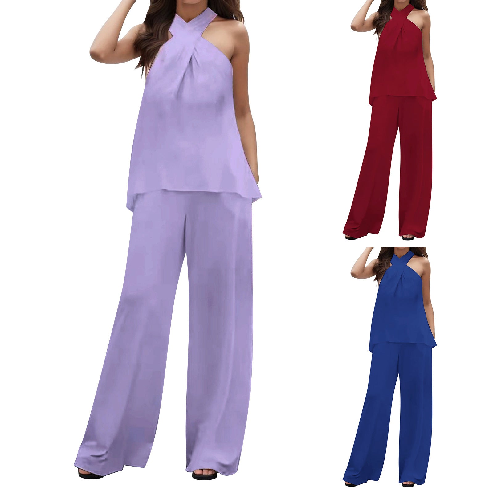 Pure Color Halter Sleeveless V-neck Top Elastic Waist Wide Leg Pants apparel & accessories