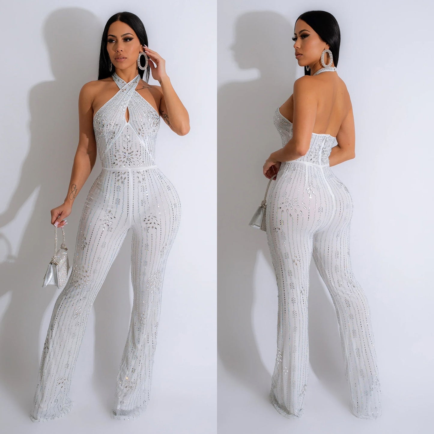 Wear Solid Color Rhinestone Sleeveless Halter Trousers Jumpsuit apparels & accessories