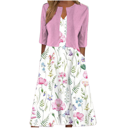 Ethnic Style Elegant Floral Print Vest Dress Cardigan Two-piece Set apparel & accessories