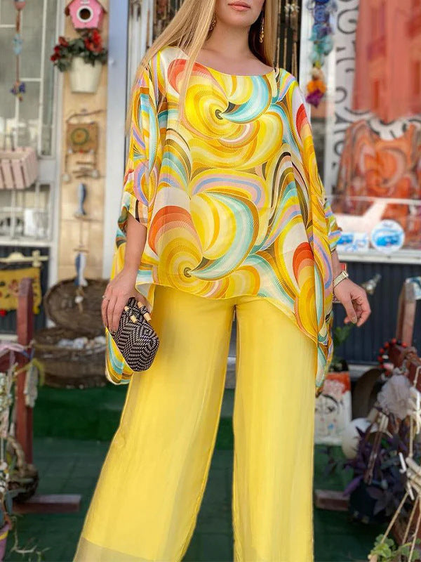 Summer New Colorful Chiffon Suit Casual Round Neck Printed Two-piece Suit apparel & accessories