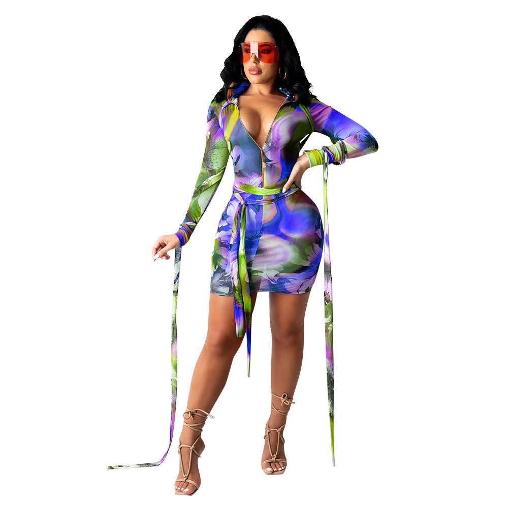 Women's Mesh See-through Printed Dress apparels & accessories