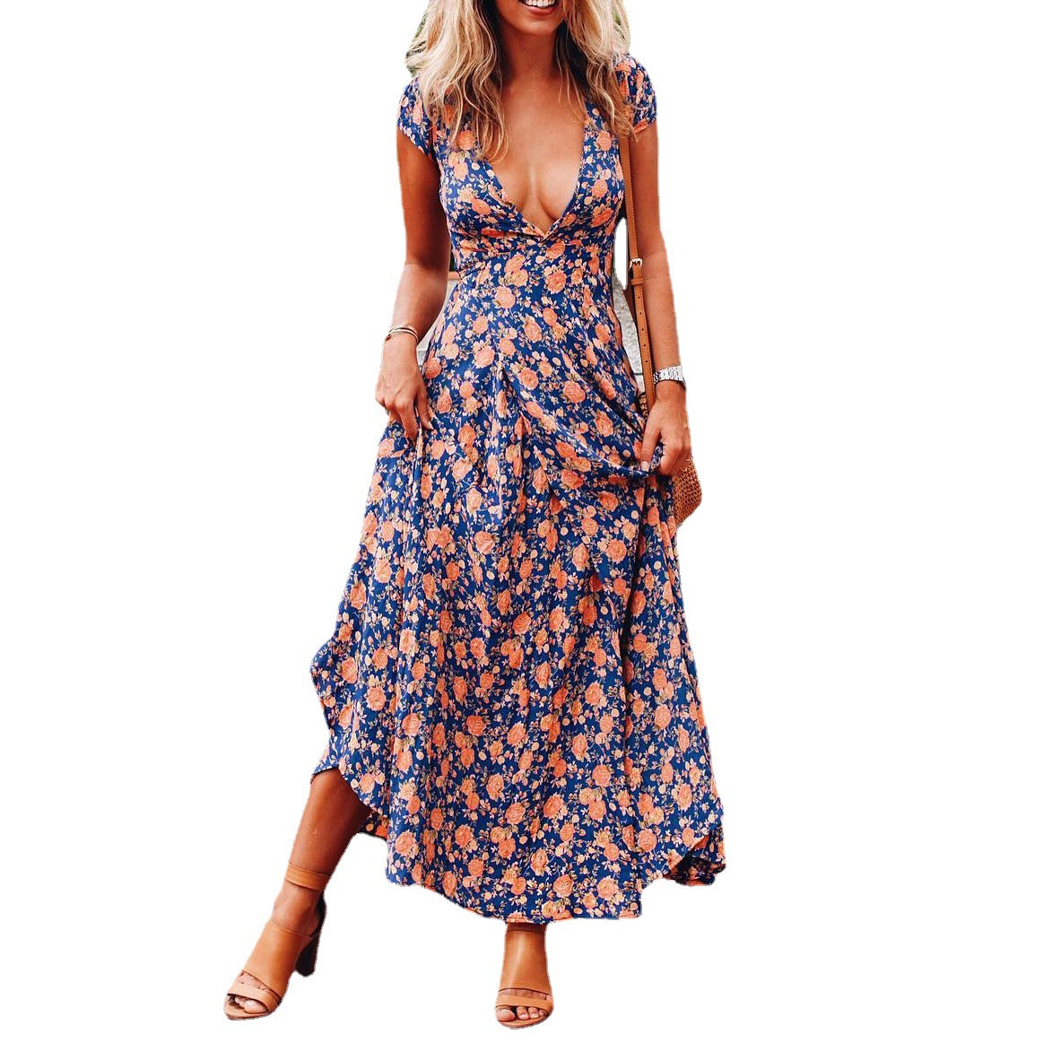 V-neck Small Floral Dress Split Large Swing Skirt Dresses & Tops