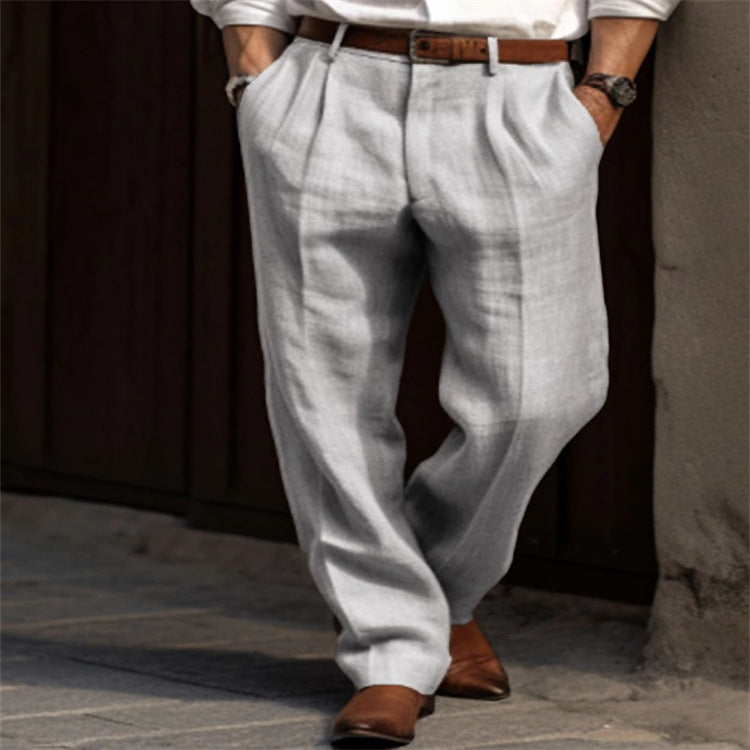 Men's Linen Trousers Double Pleated Front Pocket Straight Pure Color Comfort Breathable Casual apparel & accessories