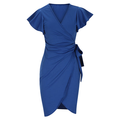 V-neck Tight Waist Pleating Bell Sleeve Sheath Dress Women apparel & accessories