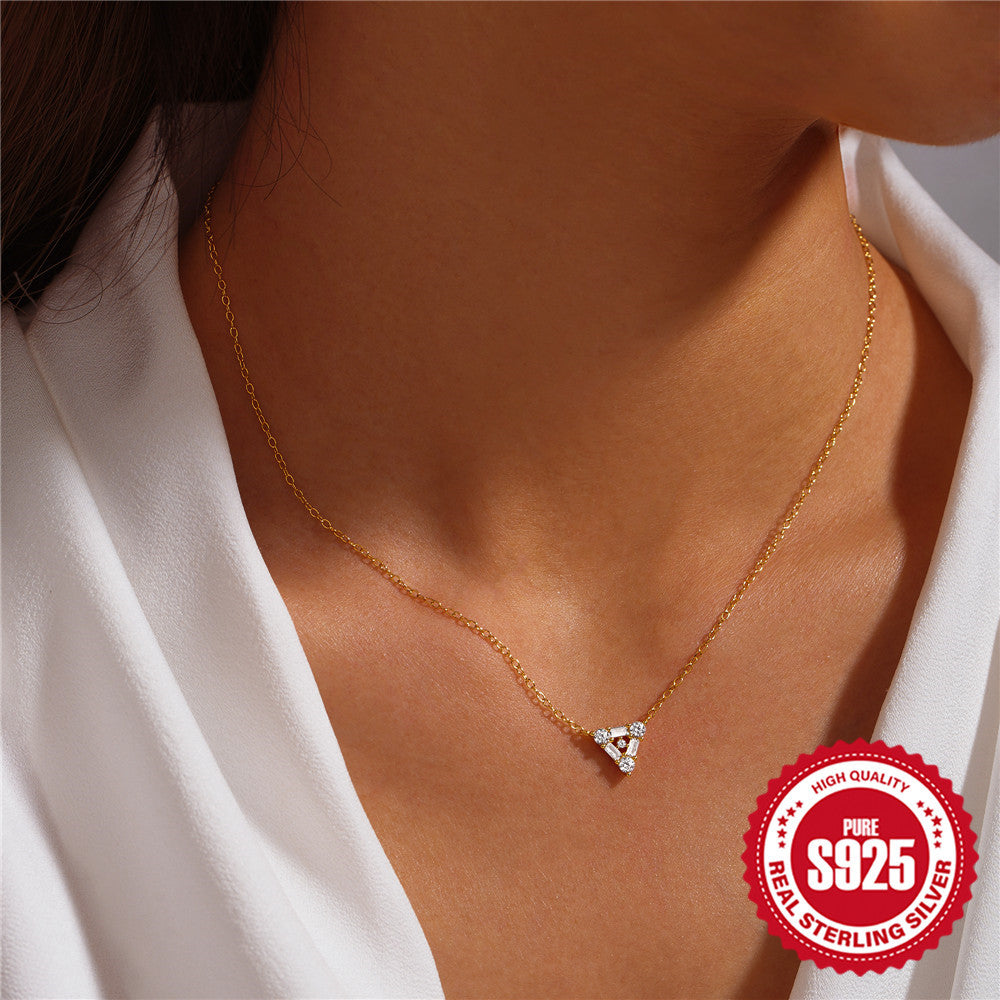 S925 Sterling Silver Triangle Diamond Short Necklace Jewelry