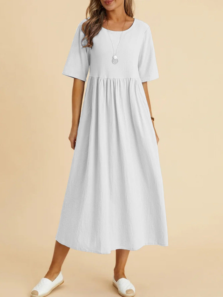 Women's Fashion Casual Loose Cotton Linen Round-neck Dress apparels & accessories