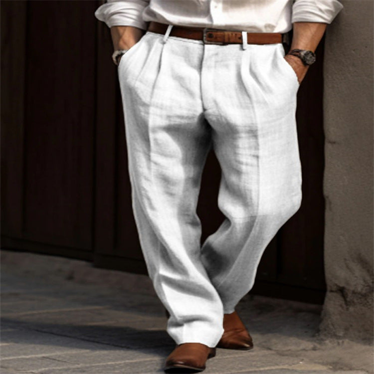 Men's Linen Trousers Double Pleated Front Pocket Straight Pure Color Comfort Breathable Casual apparel & accessories
