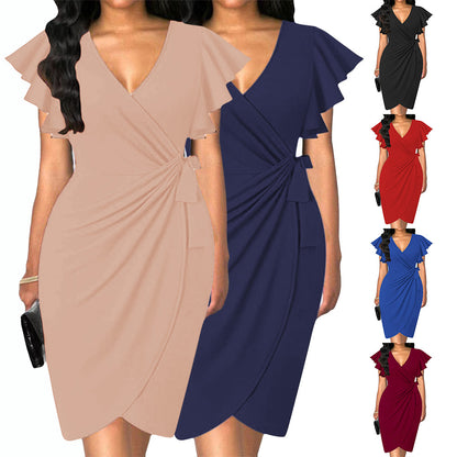 V-neck Tight Waist Pleating Bell Sleeve Sheath Dress Women apparel & accessories