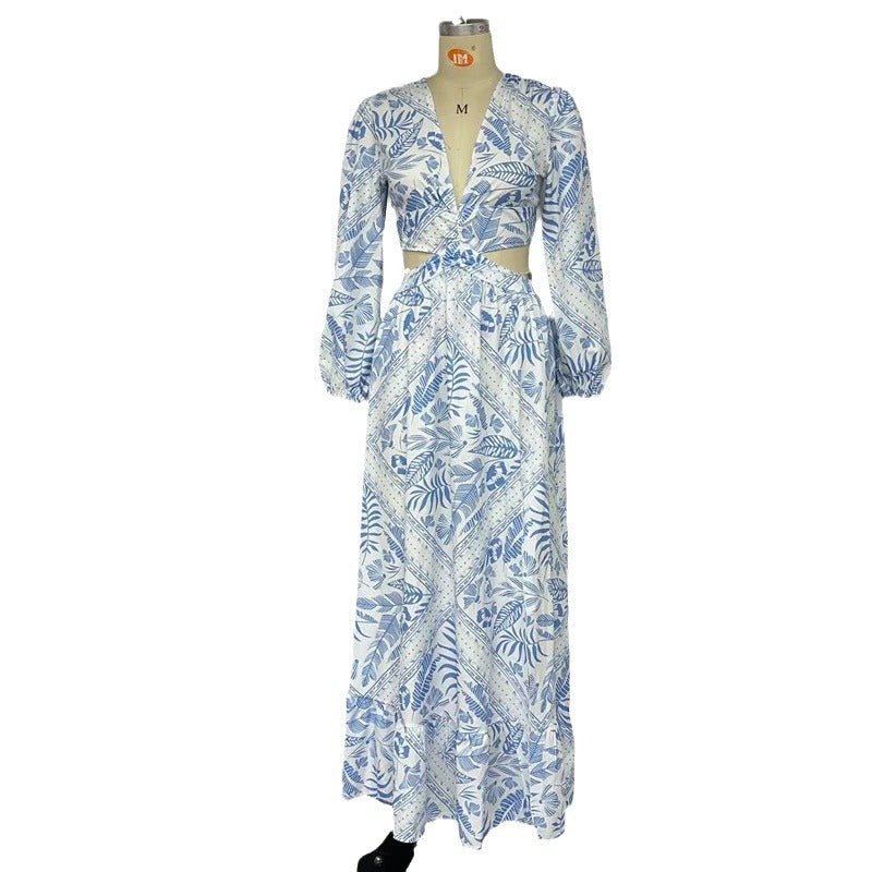 Fashion Printed Hollow Out See-through Long Sleeve Dress apparel & accessories