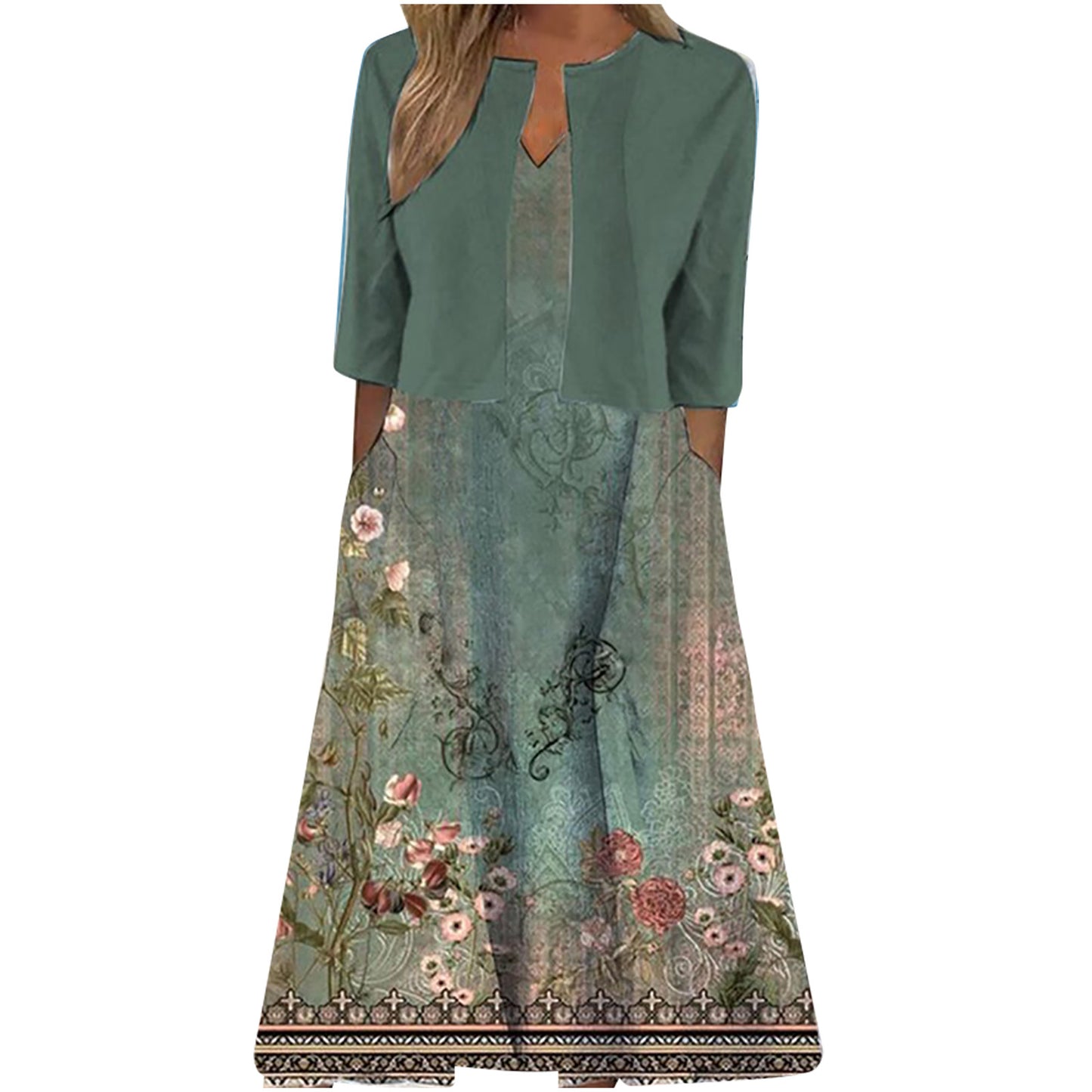 Ethnic Style Elegant Floral Print Vest Dress Cardigan Two-piece Set apparel & accessories