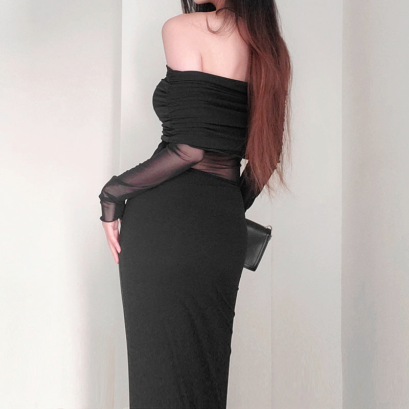 Off-shoulder Pleated Long Sleeve Dress apparels & accessories