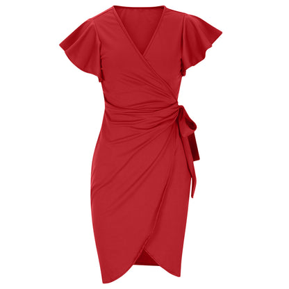 V-neck Tight Waist Pleating Bell Sleeve Sheath Dress Women apparel & accessories