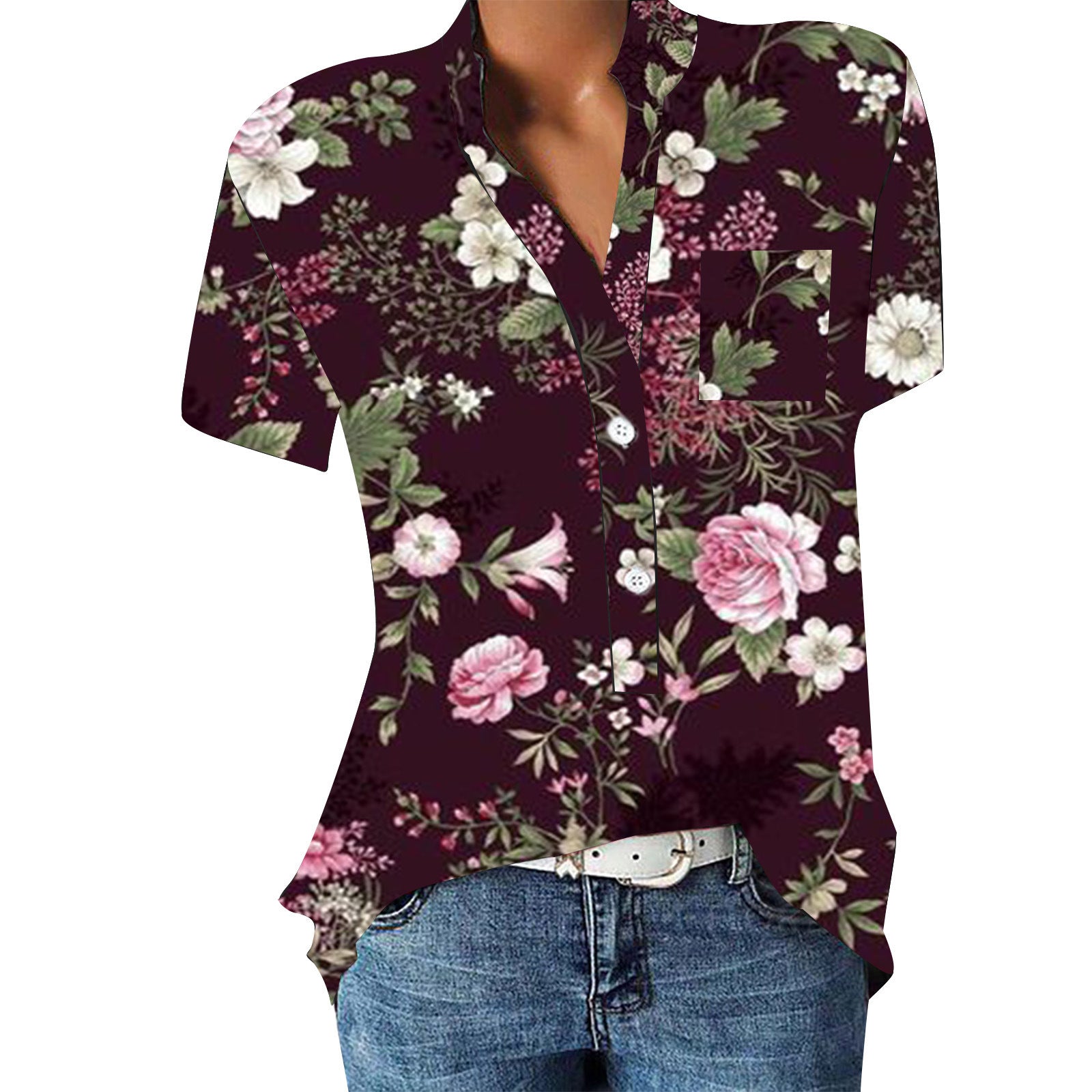 Women's V-neck Floral Print Short-sleeved Shirt apparel & accessories