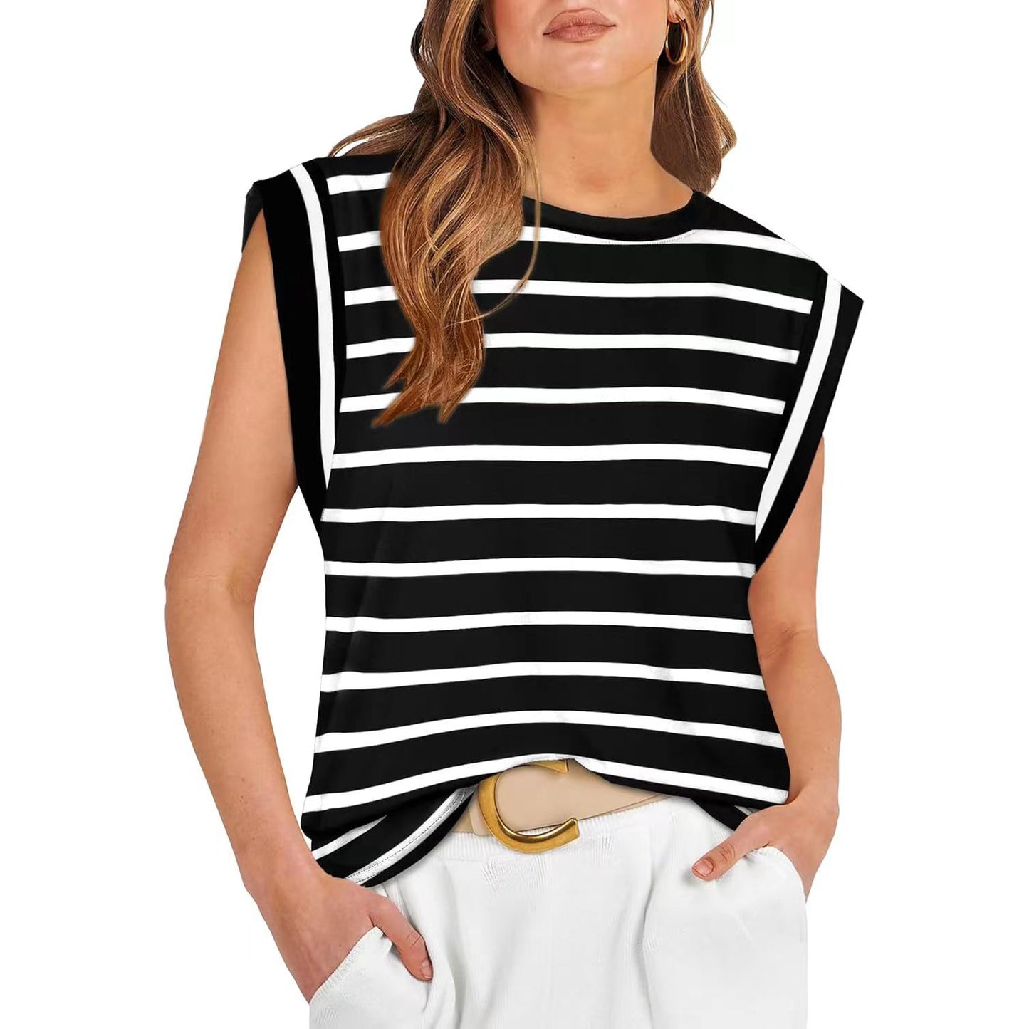 Round Neck Loose Short Sleeves T-shirt Striped Top Women's Vest apparel & accessories