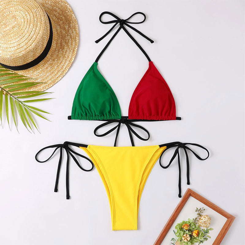 Color Contrast Patchwork Bikini Tether Split Swimsuit For Women apparel & accessories