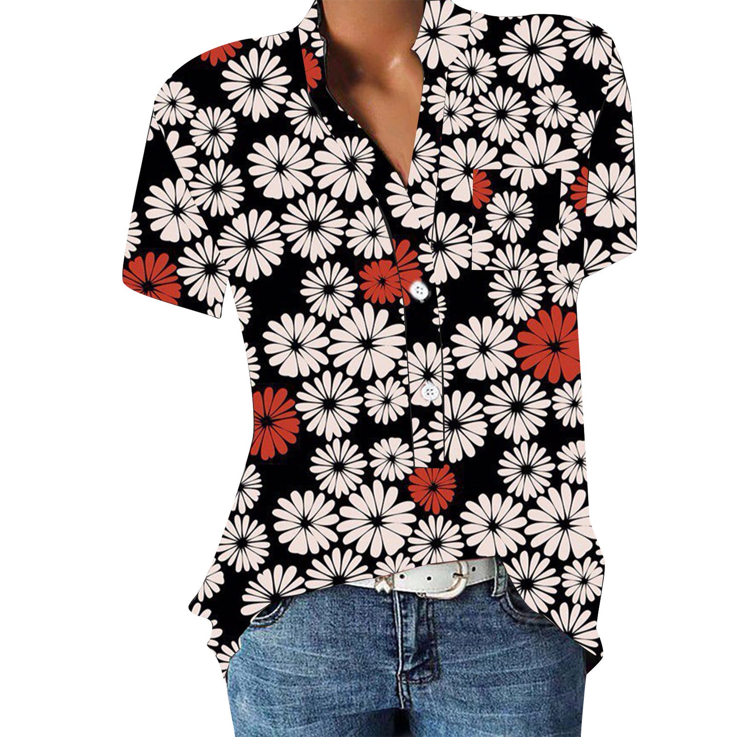 Women's V-neck Floral Print Short-sleeved Shirt apparel & accessories