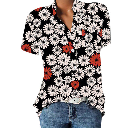 Women's V-neck Floral Print Short-sleeved Shirt apparel & accessories