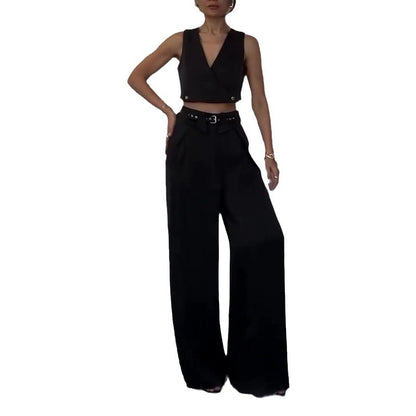 Women's Sleeveless V-neck Short Vest Top Straight-leg Pants Two-piece Set apparel & accessories