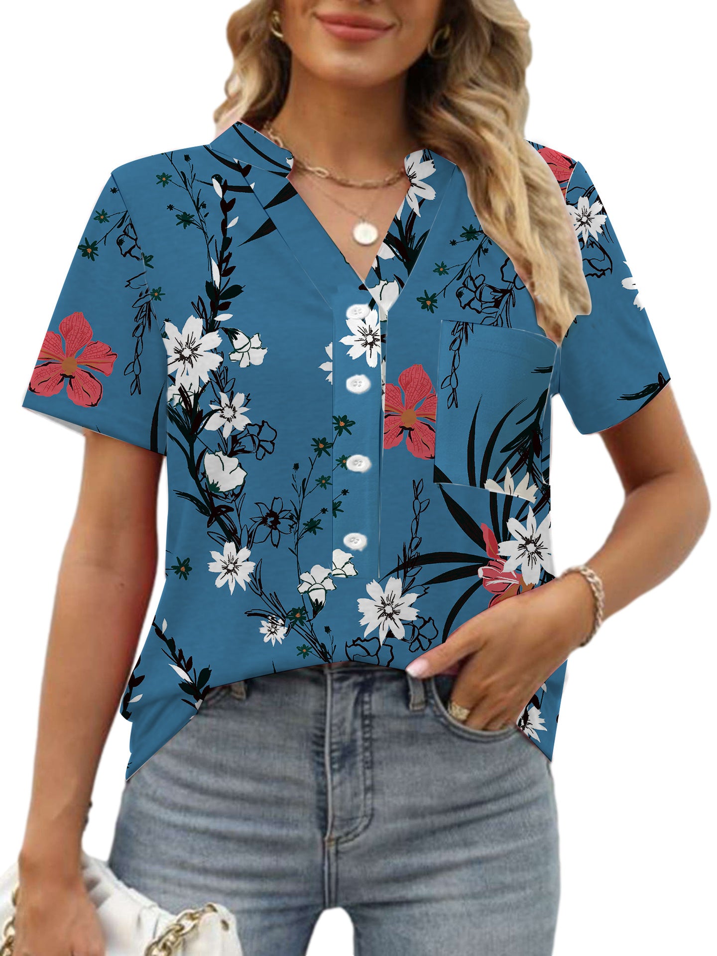 Women's V-neck Floral Print Short-sleeved Shirt apparel & accessories