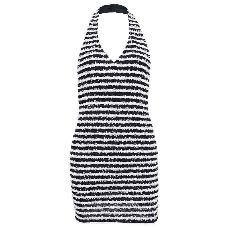 Women's Slim-fit Hip-wrapped Short Dress Black And White Knitted Backless apparel & accessories