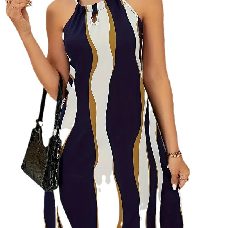 European And American Lace-up Bohemian Print Sleeveless Mid-length Dress apparel & accessories