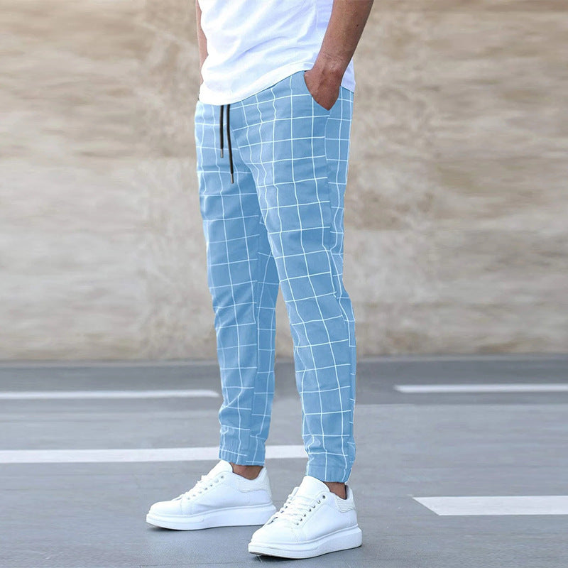 Fashion Plaid Print Pants Men's Casual Drawstring Trousers apparels & accessories